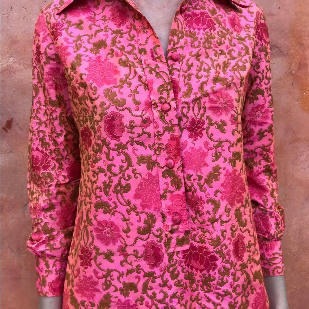 Vintage Silk Floral Tunic Dress. Pink Small Medium Size 4 6 8